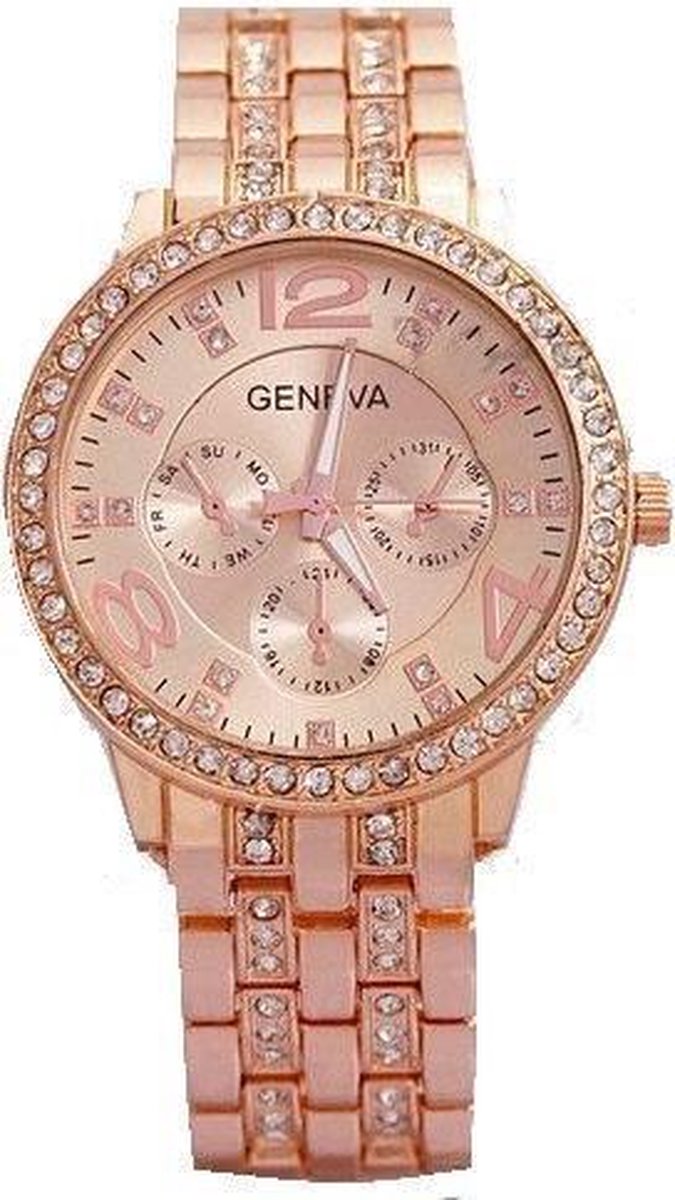 Enten Samenpersen Verzoenen Geneva horloge - kleur rosegoud - zirkonia steentjes in band - 38 mm -  I-deLuxe verpakking | bol.com