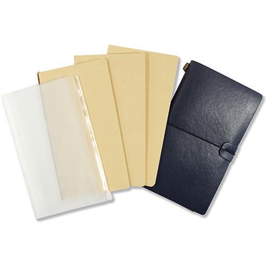 Donkerblauw notitieboek met elastische sluiting, vier crèmekleurige vellen en een transparant hoesje.