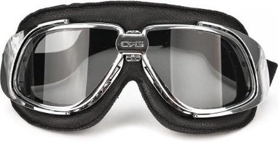 Pothelm retro, chrome zwart leren motorbril donker glas