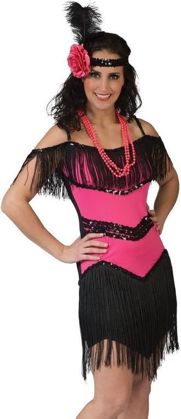 Roze/zwart charleston verkleed jurkje voor dames S/M
