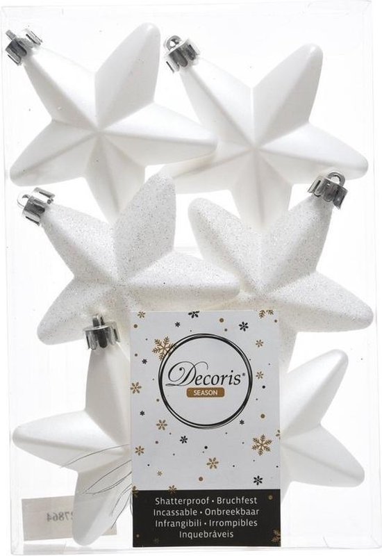 6x Winter witte sterren kerstballen 7 cm Glans/mat/glitter