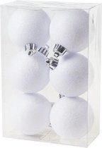 6x Witte kunststof kerstballen 6 cm - Glitter - Onbreekbare plastic kerstballen - Kerstboomversiering wit