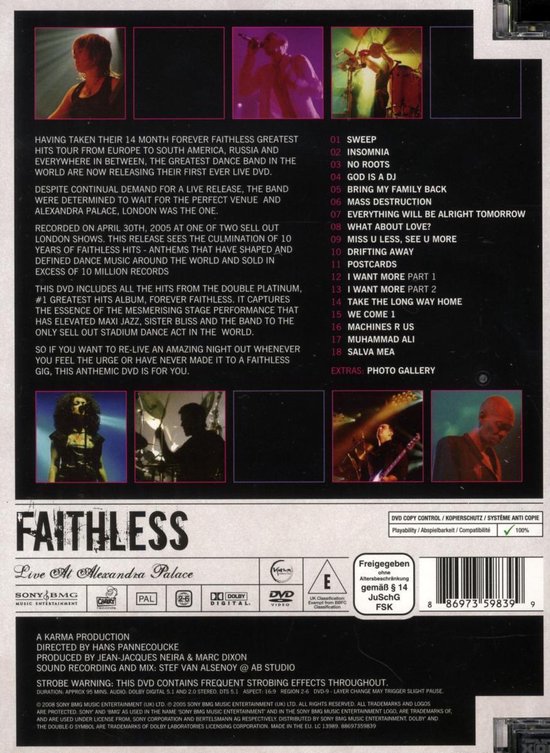 Achterkant Faithless Live At Alexandra Palace DVD met tracklist, concertfoto's en informatie.