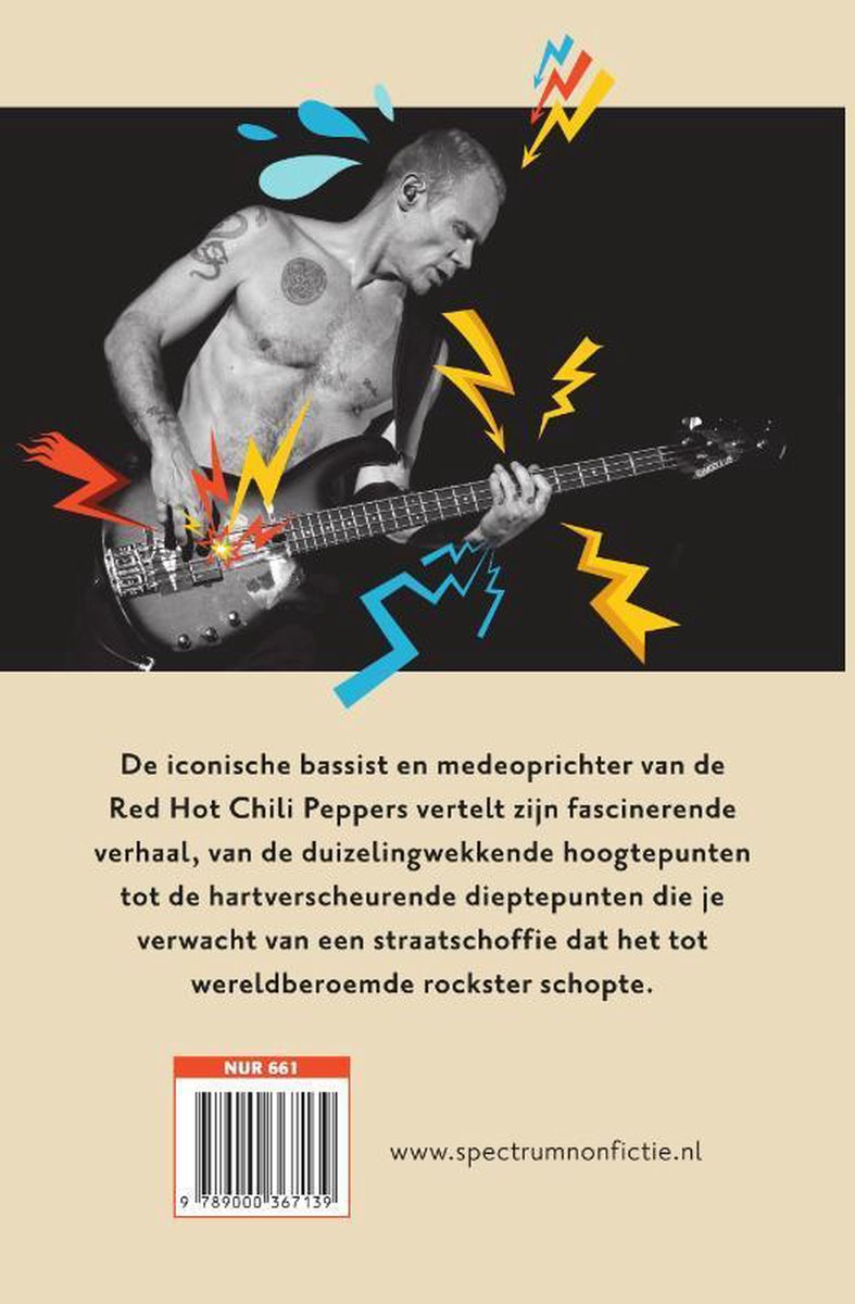 Flea, bassist van Red Hot Chili Peppers, speelt basgitaar met blote borst en tatoeages. Kleurrijke bliksemschichten rondom.
