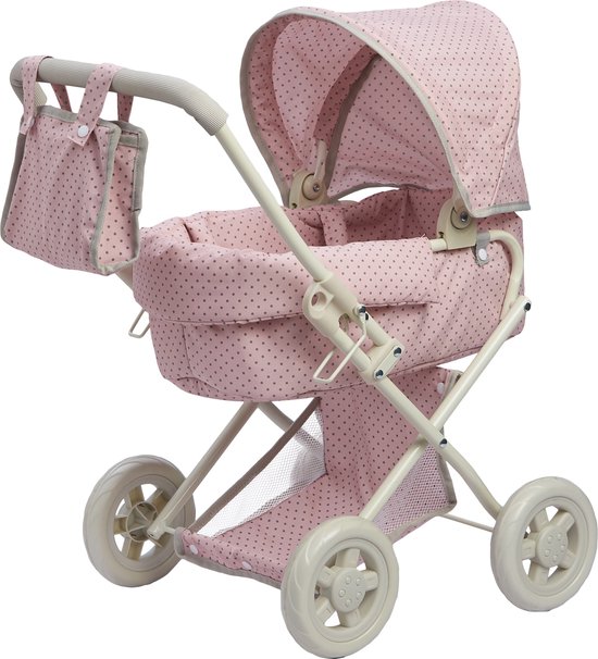 Roze poppenwagen met stippenprint, verstelbare kap en bijpassende tas.