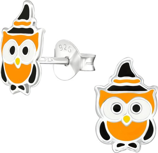 Toverstaartjes kindersieraden - Halloween oorbellen - uil heksenhoed - zilveren oorknopjes - oranje