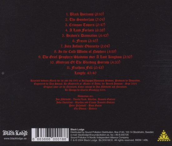 Achterkant van een CD hoes met tracklist en informatie over de opname en bandleden. Met het "black lodge" logo.