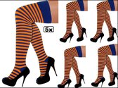 5x Paar overknie gestreept oranje/blauw - kniekousen knee kousen sportsokken cheerleader voetbal hockey unisex festival bier feest apres ski carnaval