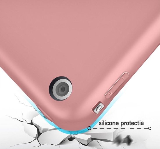 Close-up van de roségouden hoes, met tekst 'silicone protectie' en een gebroken tegellook.