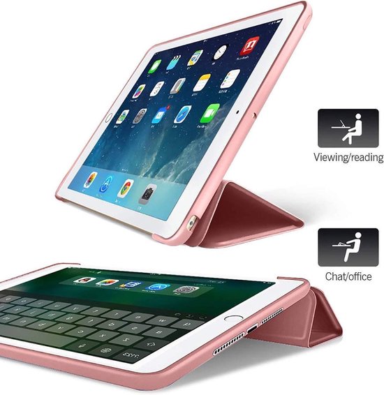 Roségouden tablethoes in boekstijl voor iPad Air 2019 10.5 inch, staand voor kijken/lezen en chatten/kantoor.