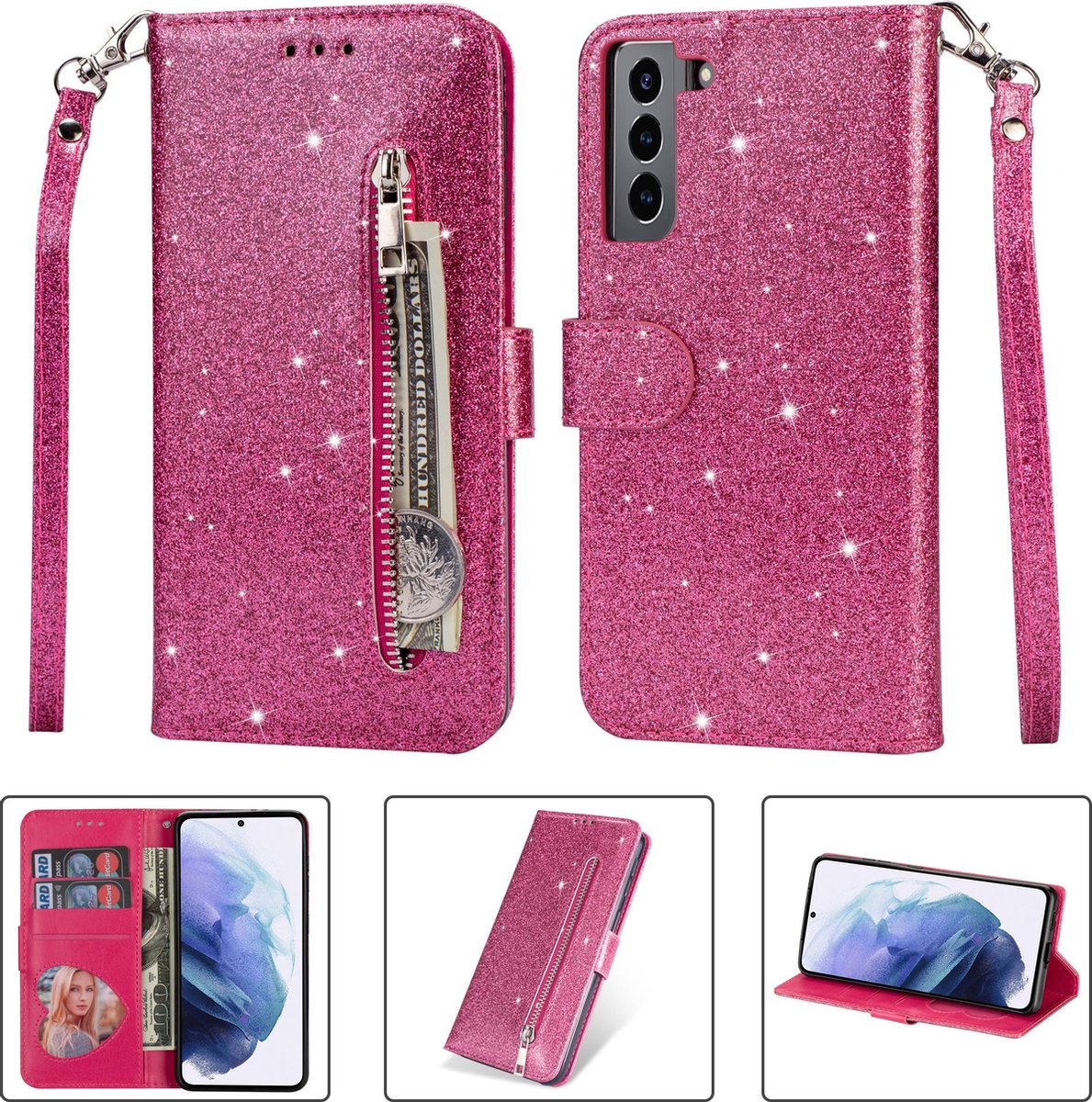Glitter Bookcase voor Samsung Galaxy S21 Plus | Hoogwaardig PU Leren Hoesje | Lederen Wallet Case | Telefoonhoesje | Pasjeshouder | Portemonnee | Roze