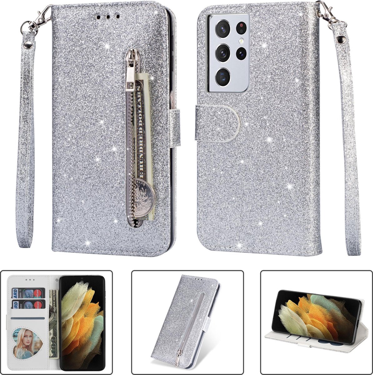 Glitter Bookcase geschikt voor Samsung Galaxy S21 Ultra | Hoogwaardig PU Leren Hoesje | Lederen Wallet Case | Telefoonhoesje | Pasjeshouder | Portemonnee | Zilver