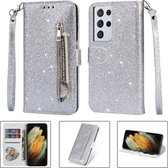 Glitter Bookcase voor Samsung Galaxy S21 Ultra | Hoogwaardig PU Leren Hoesje | Lederen Wallet Case | Telefoonhoesje | Pasjeshouder | Portemonnee | Zilver