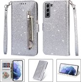 Glitter Bookcase voor Samsung Galaxy S21 Plus | Hoogwaardig PU Leren Hoesje | Lederen Wallet Case | Telefoonhoesje | Pasjeshouder | Portemonnee | Zilver