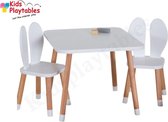 Vierkante Kindertafel met 2x Konijnenoren stoeltje - 1 tafel en 2 stoelen voor kinderen - kleur wit - Kleurtafel / speeltafel / knutseltafel / tekentafel / zitgroep set / kinder sp
