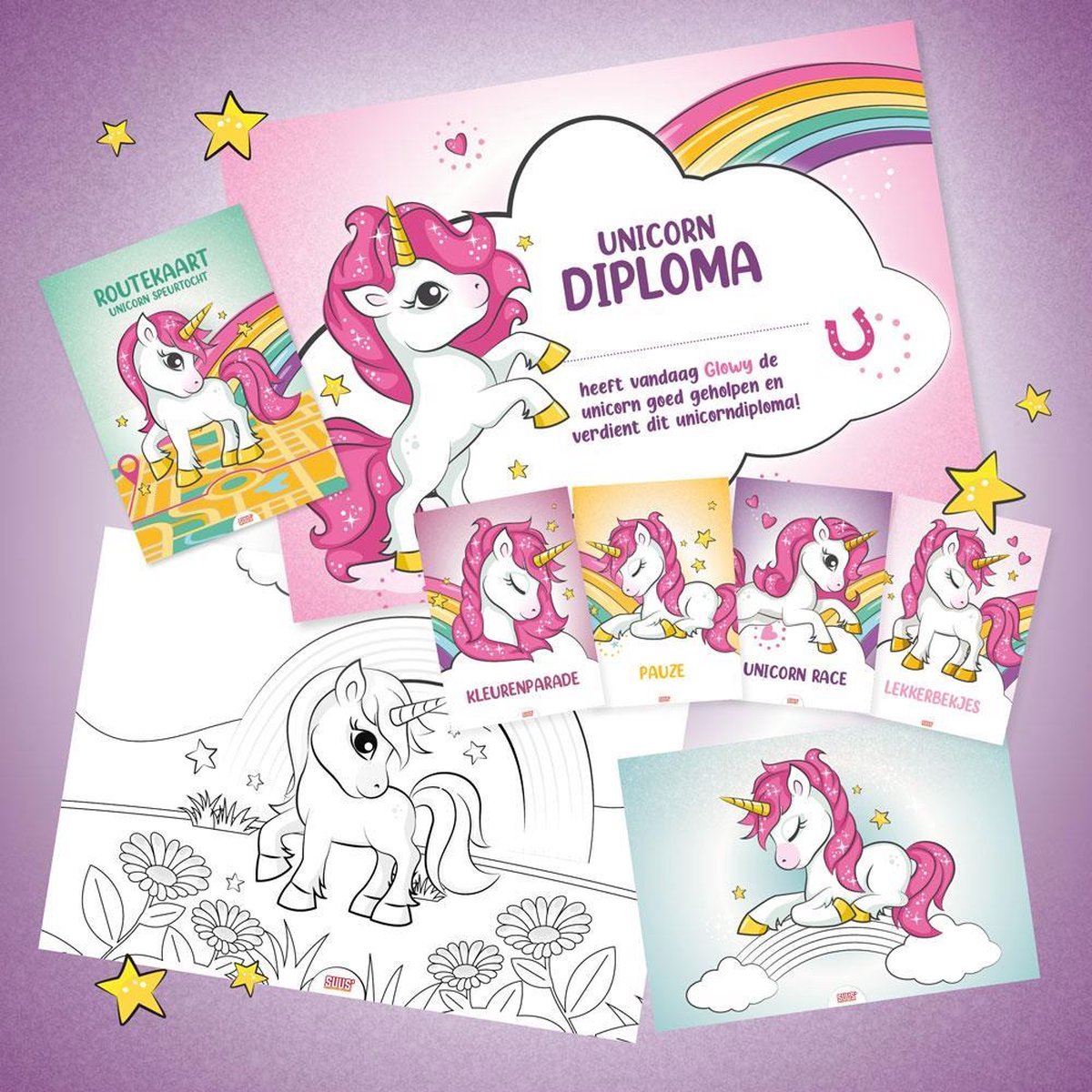 Suus kinderfeestjes Eenhoorn speurtocht - Unicorn feestje draaiboek 4-8 jaar