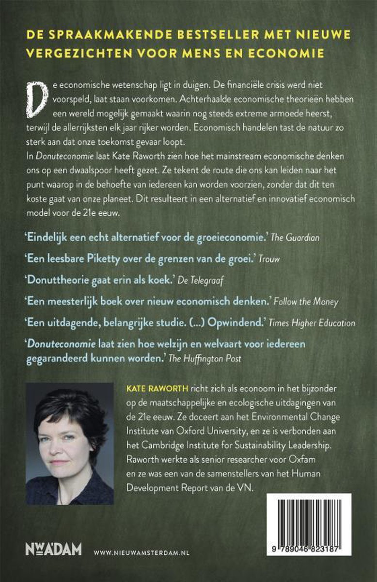 Boekcover achterkant: tekst over Donuteconomie, auteur Kate Raworth en citaten. Foto van Kate Raworth.