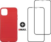 BMAX Telefoonhoesje voor iPhone 12 Mini - Carbon softcase hoesje rood - Met 2 screenprotectors full cover