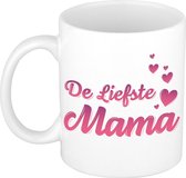 De liefste mama mok / beker - wit met roze tekst en hartjes - cadeau Moederdag / verjaardag