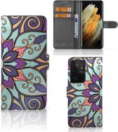Protecteur Flip Housse Samsung Galaxy S21 Ultra Coque Téléphone Fleur Mauve