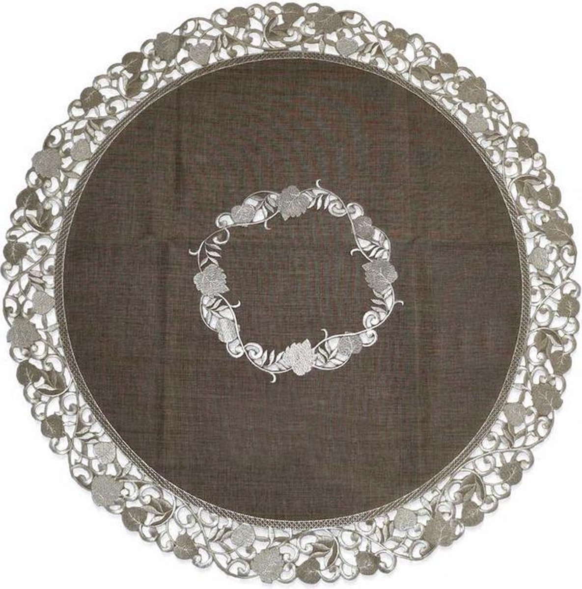 Tafelkleed - Linnenlook - Bruin met blaadjes - Rond 125 cm