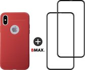 BMAX Telefoonhoesje geschikt voor iPhone XS - Carbon softcase hoesje rood - Met 2 screenprotectors full cover