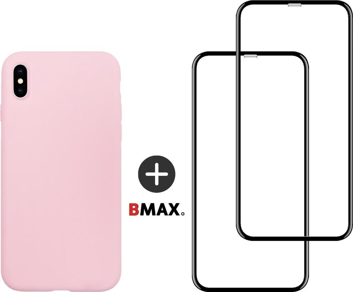 BMAX Telefoonhoesje voor iPhone XS - Siliconen hardcase hoesje lichtroze - Met 2 screenprotectors full cover