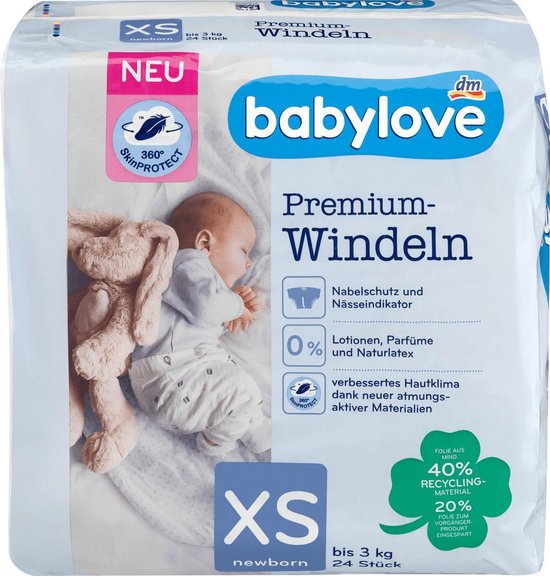 Couches babylove Premium - taille 1 (XS) - jusqu'à 3 kg (24 pièces) | bol