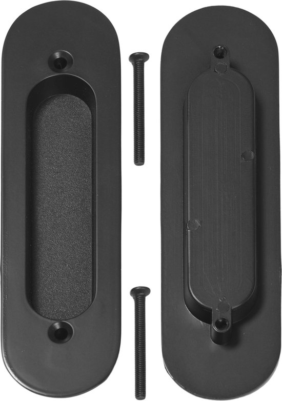 Set van twee zwarte, ovale schuifdeurgrepen met schroeven.
