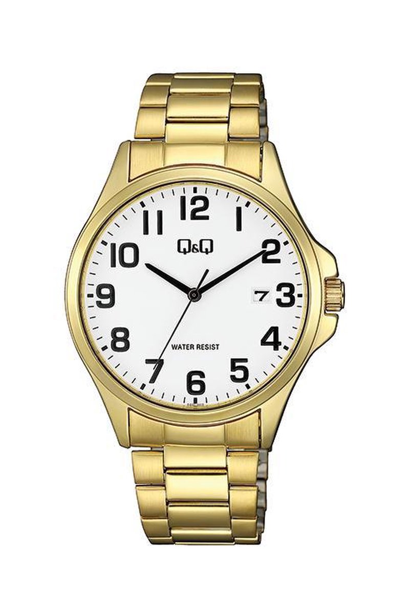 QQ A480J004Y - Horloge - Analoog - Mannen - Heren - stalen band - Rond - Staal - Cijfers - Datumaanduiding - Goudkleurig - Wit
