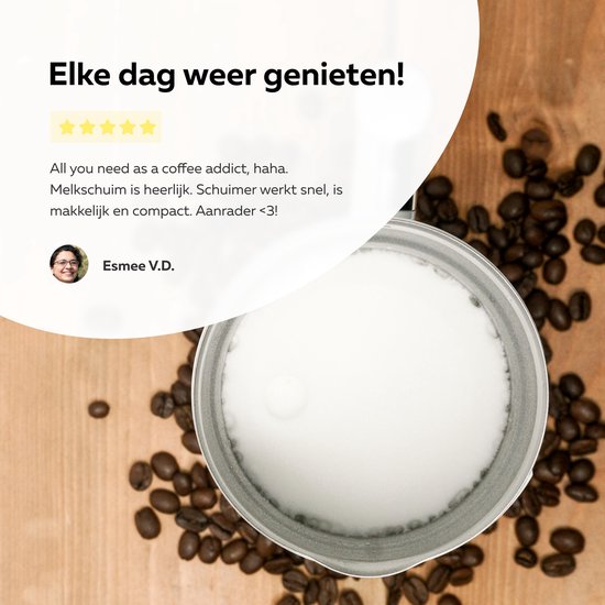 Witte melkopschuimer met melkschuim, omringd door koffiebonen.