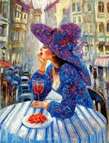 Mona Lisa diamond painting set Dame op terras met hoed en wijn 50x40cm full size ronde steentjes