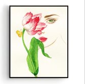 Poster Vrouw met Rode Bloem en Vlinder - Planten Bloemen Poster - Art / Kunst -Muurdecoratie - 40x30cm A3 - Postercity