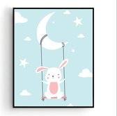 Poster Konijntje op de Schommel Maan - Kinderkamer - Dieren Poster - Babykamer / Kinderposter - Babyshower Cadeau - Muurdecoratie - 40x30cm A3 - Postercity