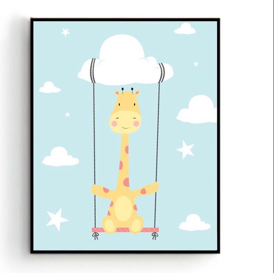 Poster Giraffe op de Schommel Wolkje - Kinderkamer - Dieren Poster - Babykamer / Kinderposter - Babyshower Cadeau - Muurdecoratie - 70x50cm - Postercity