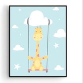 Poster Giraffe op de Schommel Wolkje - Kinderkamer - Dieren Poster - Babykamer / Kinderposter - Babyshower Cadeau - Muurdecoratie - 40x30cm A3 - Postercity