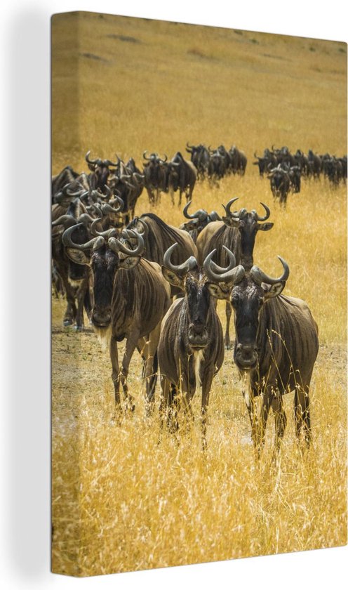 Canvas Schilderij Kudde gnoes tijdens hun grote migratie in Afrika - 80x120 cm - Wanddecoratie