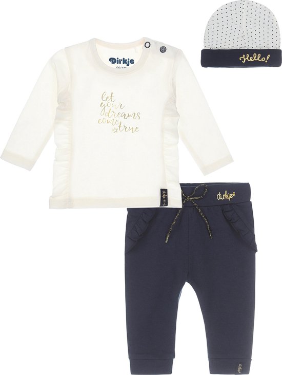 Dirkje Bio Basic SET(3delig) Navy broek, Off white shirt met goud en mutsje - Maat 44
