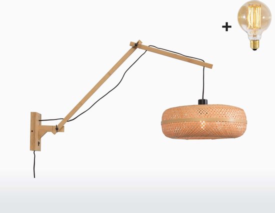 Wandlamp met Lange Arm - PALAWAN - Bamboe - Naturel Kap - Small (40x15cm) - Met LED-lamp