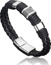 Stoere Heren Armband - Zwart Gevlochten Leer met Stalen Accenten - Armband Heren - Armband Mannen - Valentijn Cadeautje voor Hem Haar - Valentijnsdag Cadeau