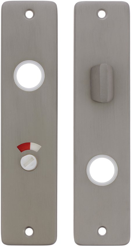 Twee aluminium wc-deurschilden. Links met vrij/bezet indicator, rechts met knop.