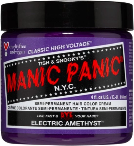 Paarse pot met 'Manic Panic' logo, 'Vegan' en 'Electric Amethyst' tekst.