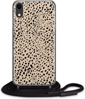 iPhone XR hoesje met koord - Stippen bruin abstract | Apple iPhone XR crossbody case | Zwart, Transparant | Geometrisch patroon