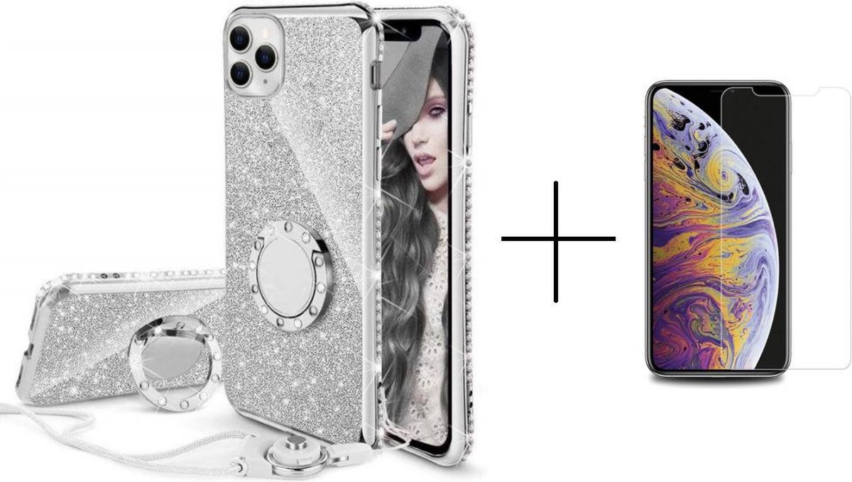 Apple iPhone 12  Back Cover Telefoonhoesje | Glitter | Exclusief Ring Houder | Zilver + 1x screenprotector