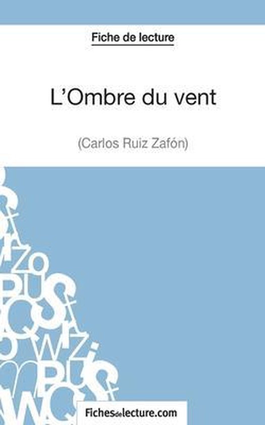 Fiche de lecture 'L'Ombre du vent' par Carlos Ruiz Zafón sur fond bleu clair avec du texte et des lettres.