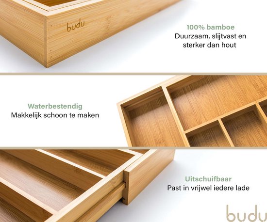 Bestekbak Budu # 38 - Bestekbak Bamboe - Bestekbak Extensible - 7 compartiments - Cassette à Bestekbak Bois - Ajustable - Organisateur - Ranger à Couverts - 38 x 29,5 - 47,8 cm