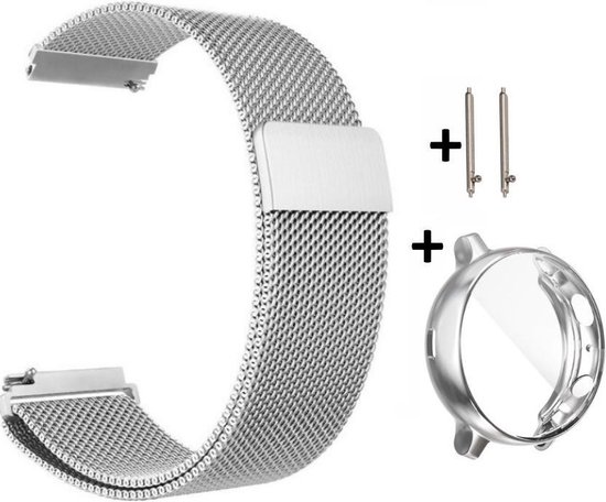 Zilver kleurig Metalen bandje Milanees en zilverkleurige case geschikt voor de Samsung Galaxy Watch Active 2 40mm variant – Maat: zie maatfoto – 20 mm silver milanese smartwatch strap