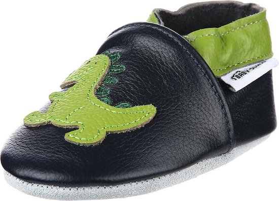 Donkerblauwe babyslofjes met groene dinosaurusapplicatie en groene rand.