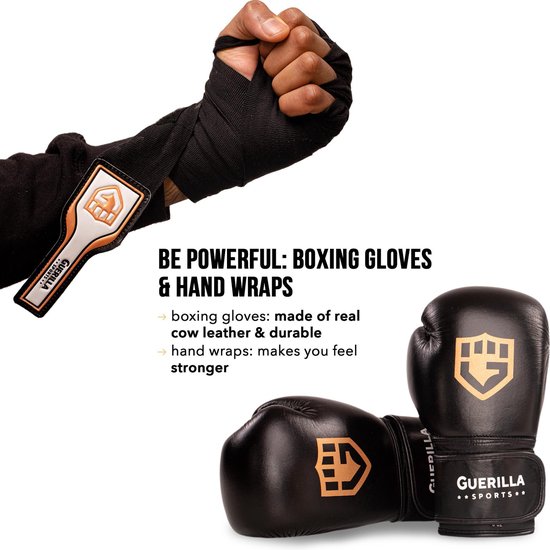 Zwarte bokshandschoenen van leer met gouden logo, naast zwarte handwraps.