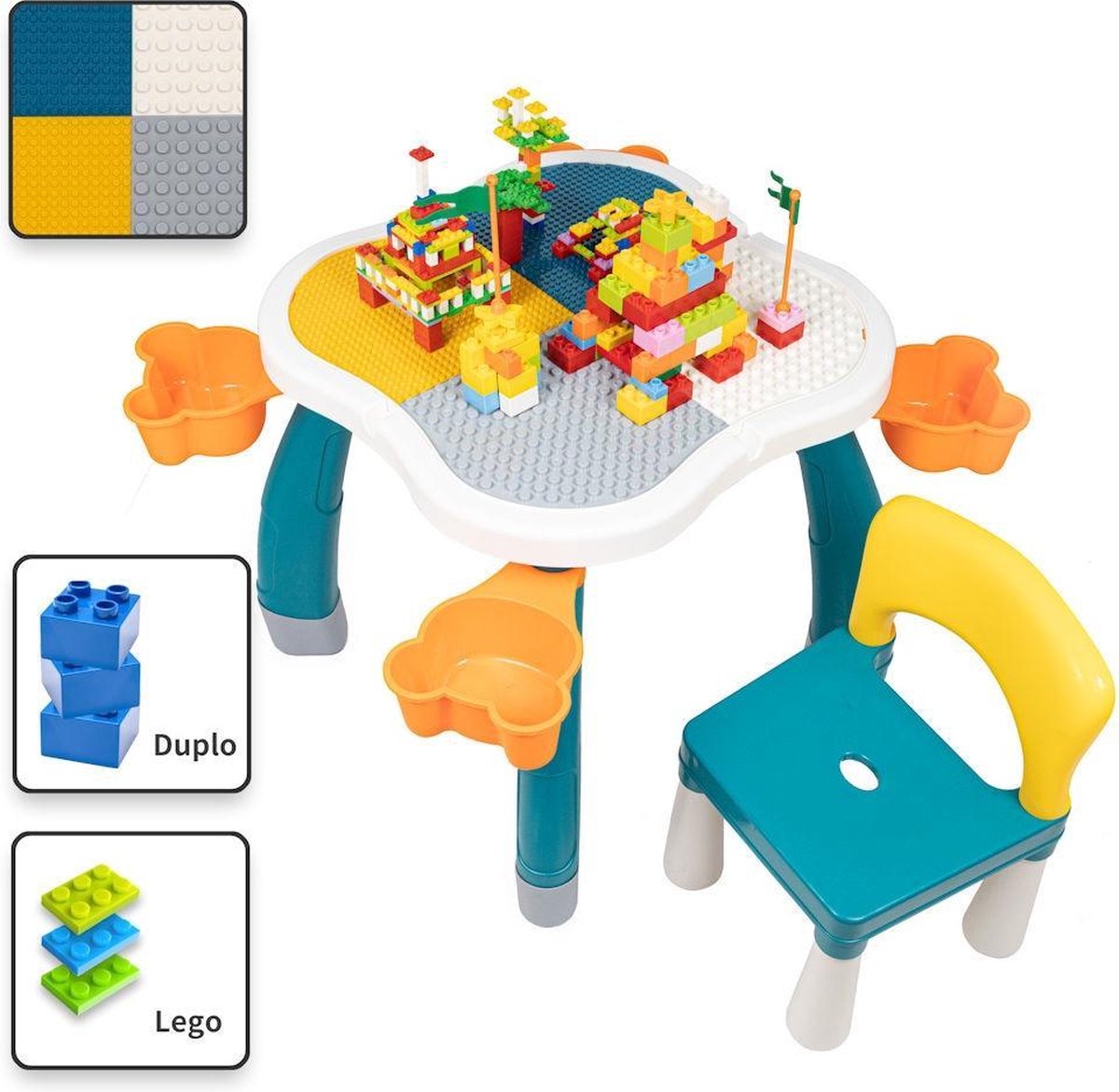 Merkloos Sans marque Decopatent Kindertafel met 1 Stoeltje Speeltafel met bouwplaat en vlakke kant Geschikt voor Lego & Duplo Bouwstenen